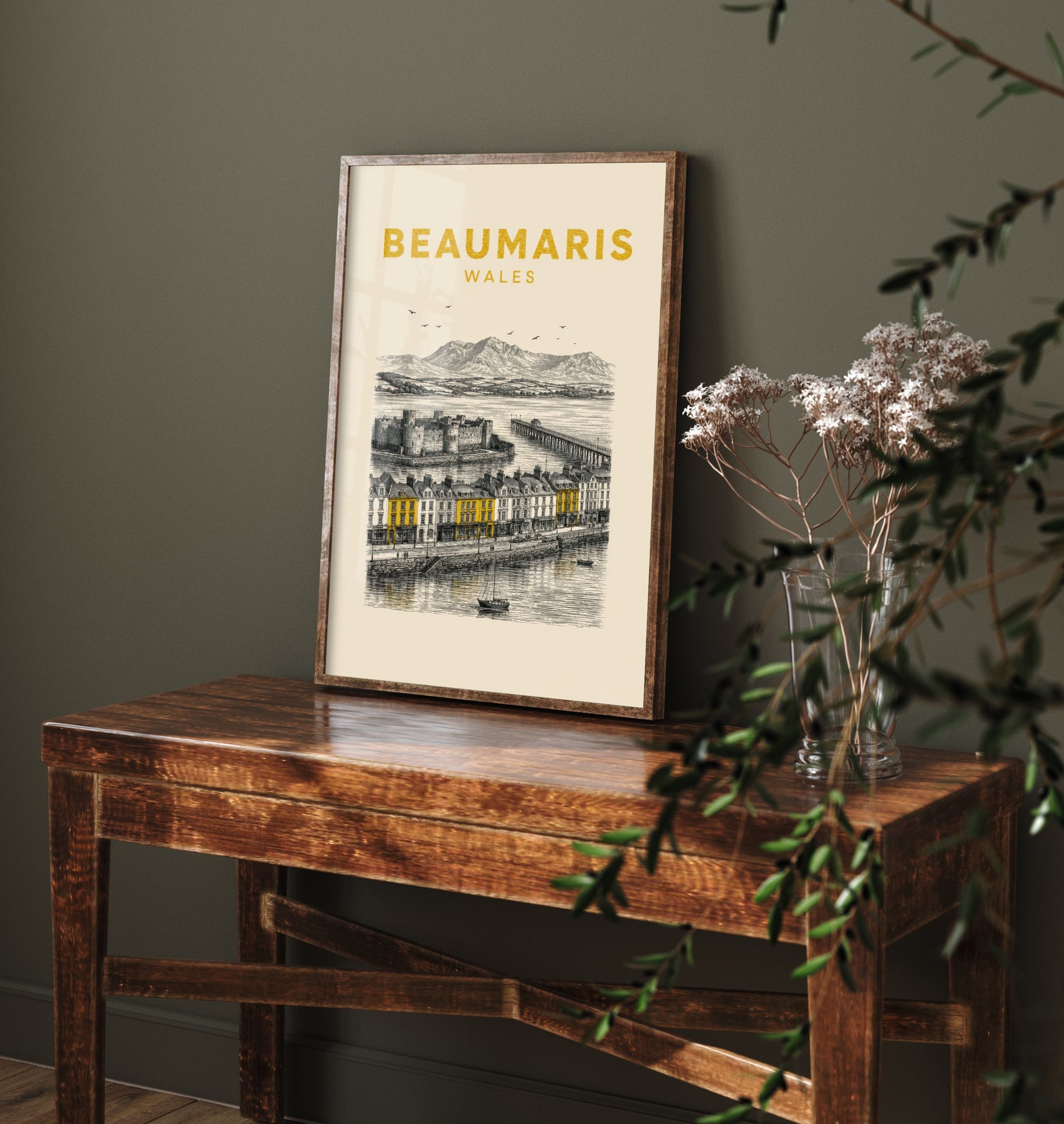 Beaumaris Wales Travel Poster - Vintage Duotone Art Print - Engraved City Illustration - Castle by the Strait 2/3