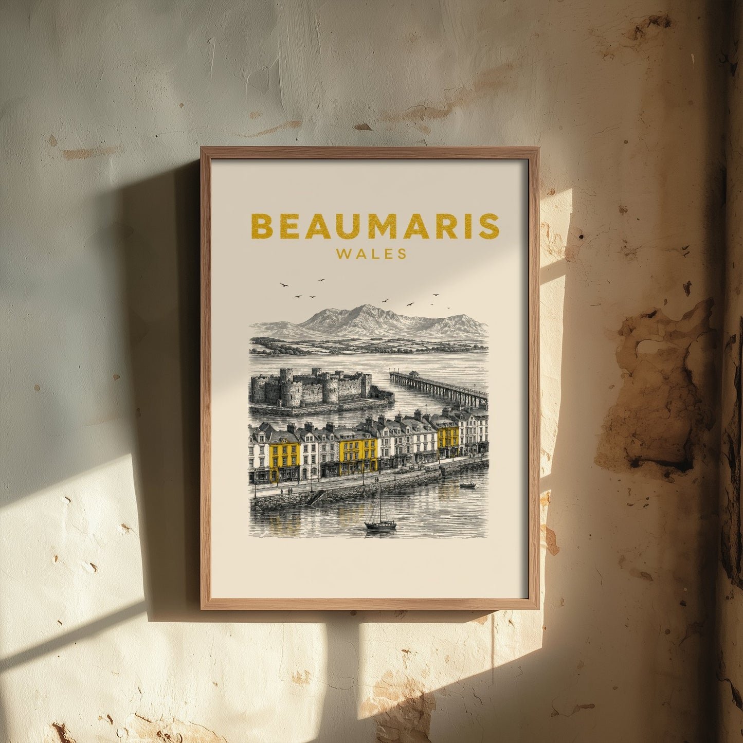 Beaumaris Wales Travel Poster - Vintage Duotone Art Print - Engraved City Illustration - Castle by the Strait 2/3