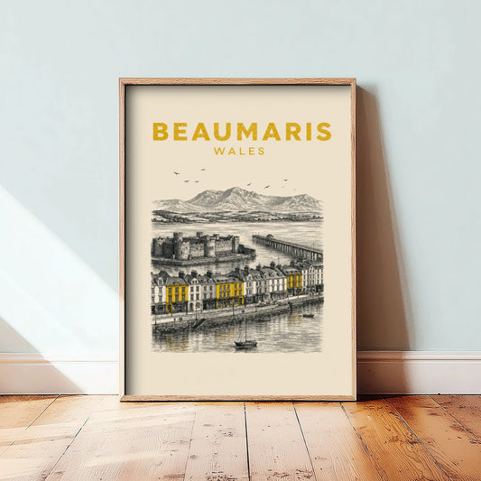 Beaumaris Wales Travel Poster - Vintage Duotone Art Print - Engraved City Illustration - Castle by the Strait 2/3