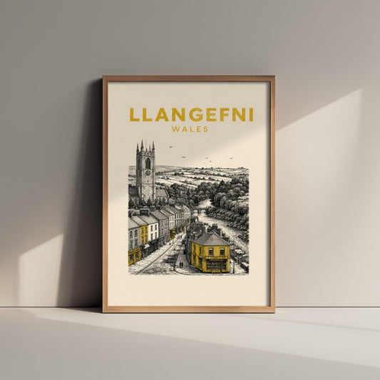 Llangefni Wales Travel Poster - Vintage Duotone Art Print - Engraved City Illustration - Riverside Market Town 3/3