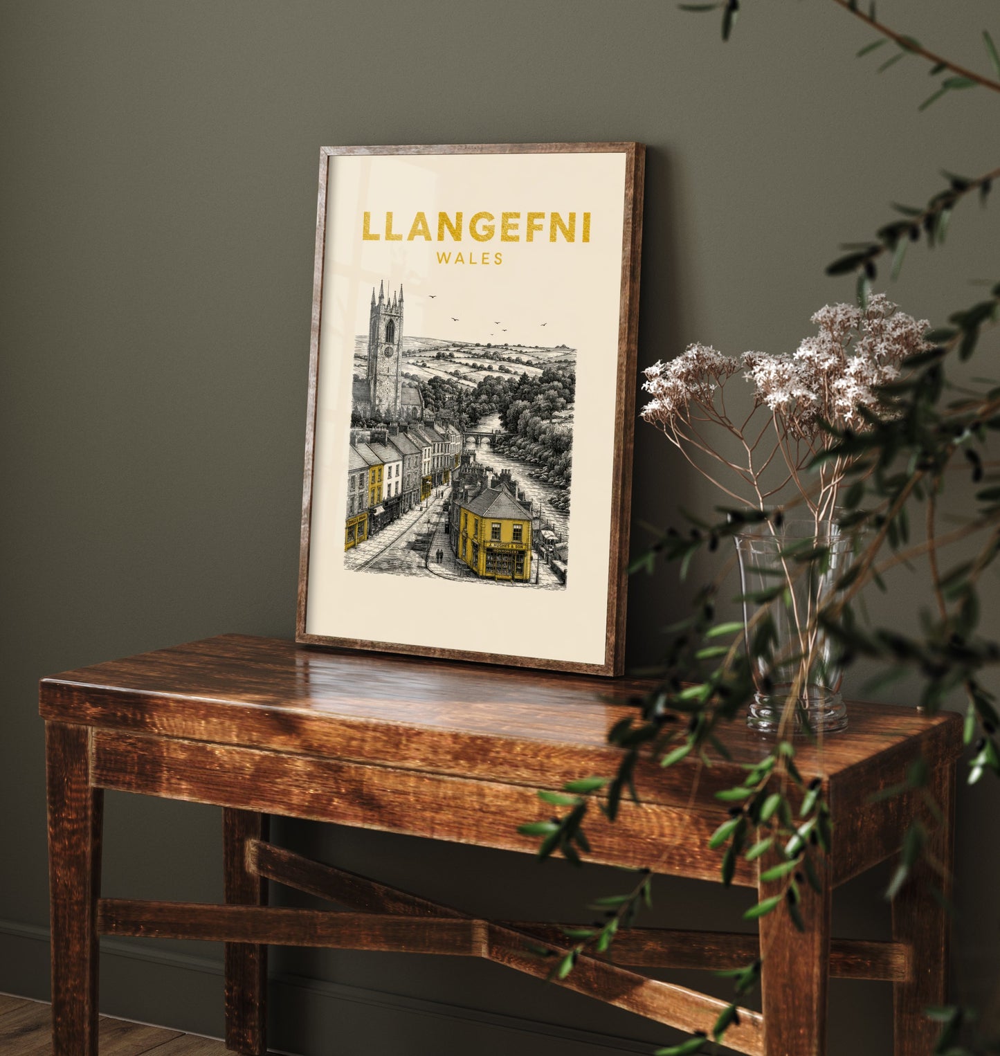 Llangefni Wales Travel Poster - Vintage Duotone Art Print - Engraved City Illustration - Riverside Market Town 3/3