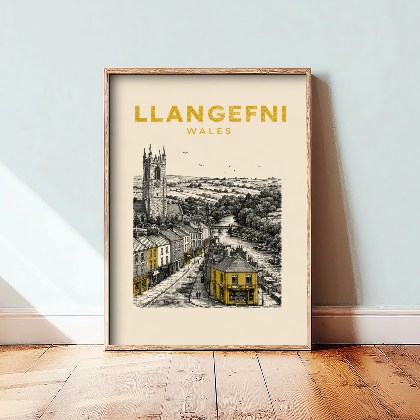 Llangefni Wales Travel Poster - Vintage Duotone Art Print - Engraved City Illustration - Riverside Market Town 3/3