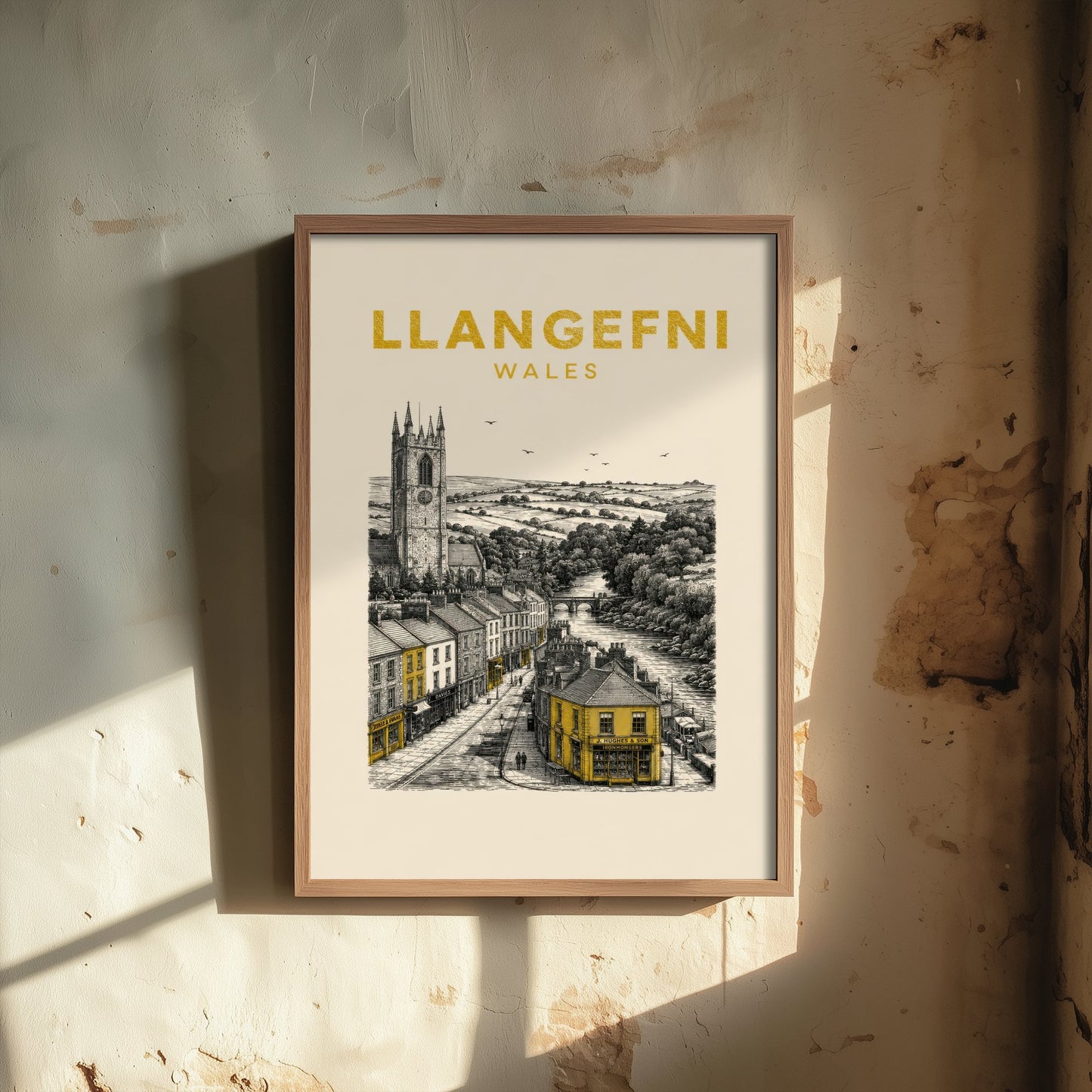 Llangefni Wales Travel Poster - Vintage Duotone Art Print - Engraved City Illustration - Riverside Market Town 3/3