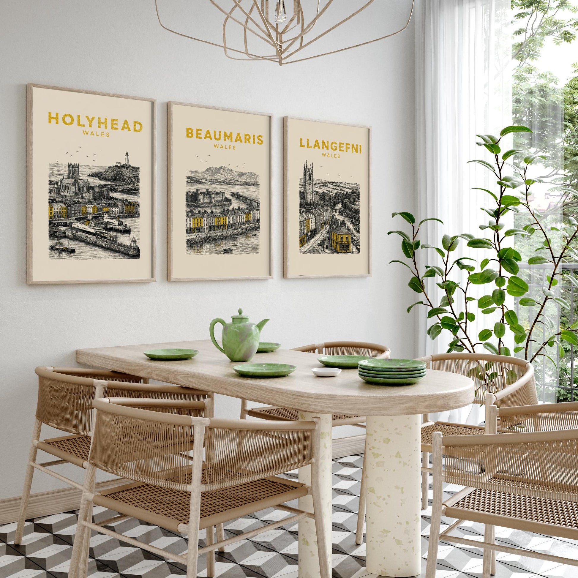 Set of Three Anglesey Travel Posters - Holyhead, Beaumaris, Llangefni - Vintage Duotone Art Prints - Wales Illustration Gift