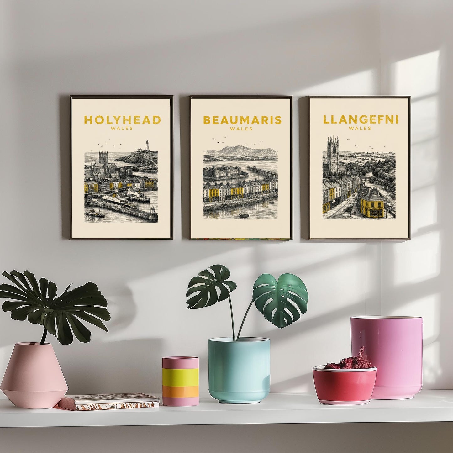 Set of Three Anglesey Travel Posters - Holyhead, Beaumaris, Llangefni - Vintage Duotone Art Prints - Wales Illustration Gift