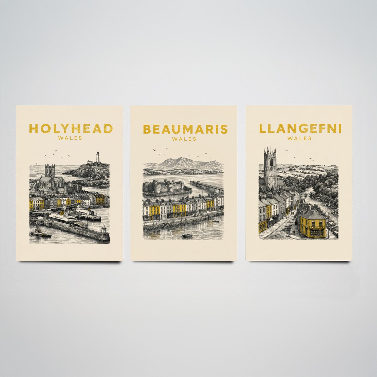 Set of Three Anglesey Travel Posters - Holyhead, Beaumaris, Llangefni - Vintage Duotone Art Prints - Wales Illustration Gift