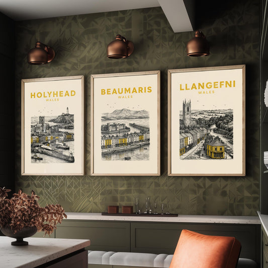 Set of Three Anglesey Travel Posters - Holyhead, Beaumaris, Llangefni - Vintage Duotone Art Prints - Wales Illustration Gift