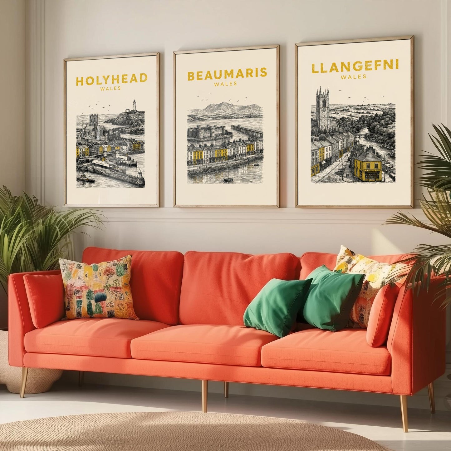 Set of Three Anglesey Travel Posters - Holyhead, Beaumaris, Llangefni - Vintage Duotone Art Prints - Wales Illustration Gift
