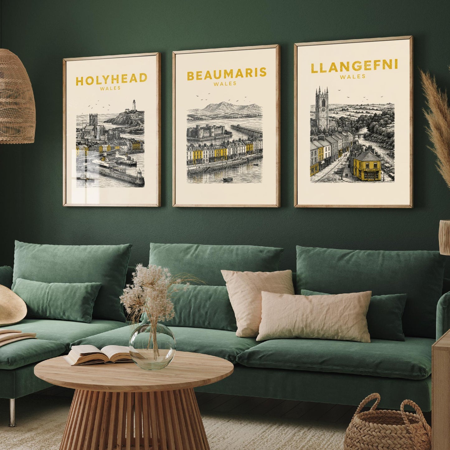 Set of Three Anglesey Travel Posters - Holyhead, Beaumaris, Llangefni - Vintage Duotone Art Prints - Wales Illustration Gift