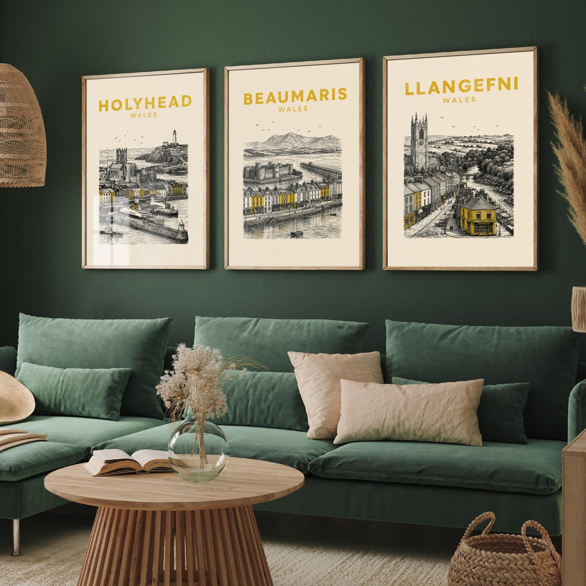 Set of Three Anglesey Travel Posters - Holyhead, Beaumaris, Llangefni - Vintage Duotone Art Prints - Wales Illustration Gift