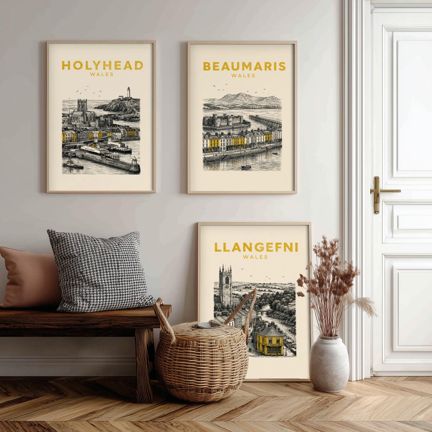 Set of Three Anglesey Travel Posters - Holyhead, Beaumaris, Llangefni - Vintage Duotone Art Prints - Wales Illustration Gift