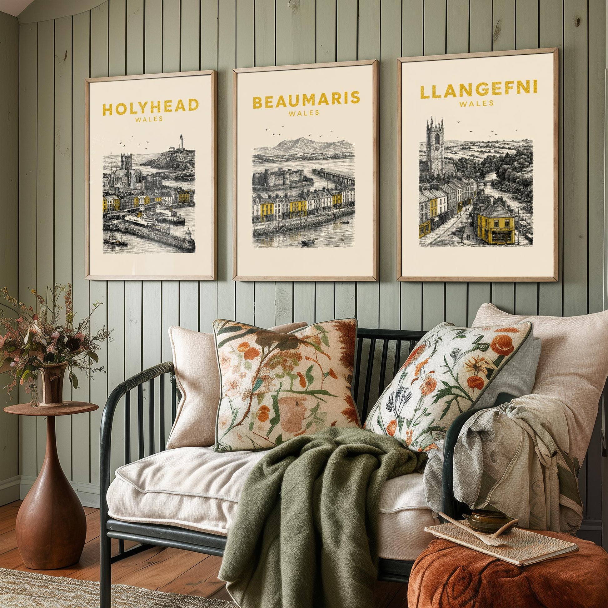 Set of Three Anglesey Travel Posters - Holyhead, Beaumaris, Llangefni - Vintage Duotone Art Prints - Wales Illustration Gift