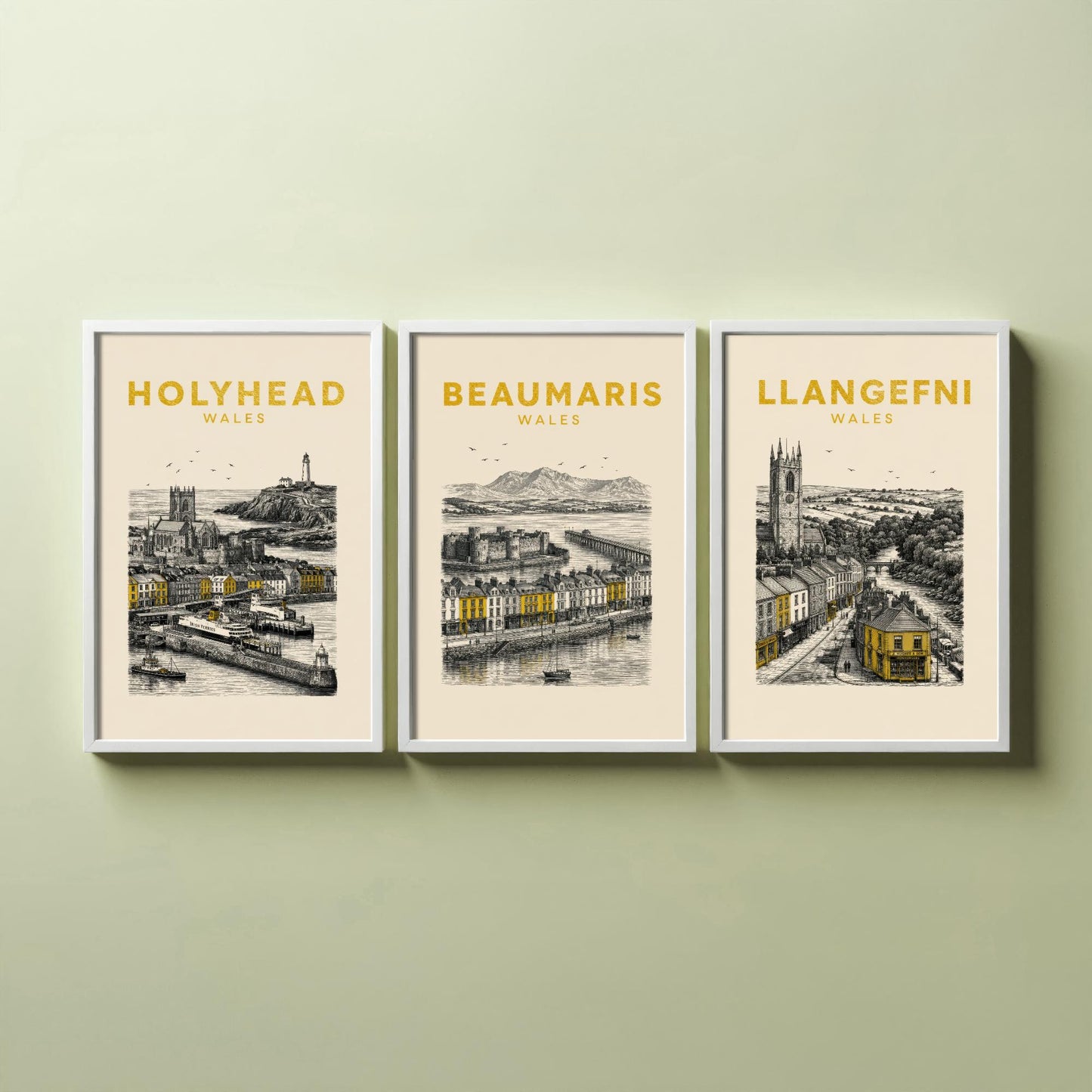 Set of Three Anglesey Travel Posters - Holyhead, Beaumaris, Llangefni - Vintage Duotone Art Prints - Wales Illustration Gift