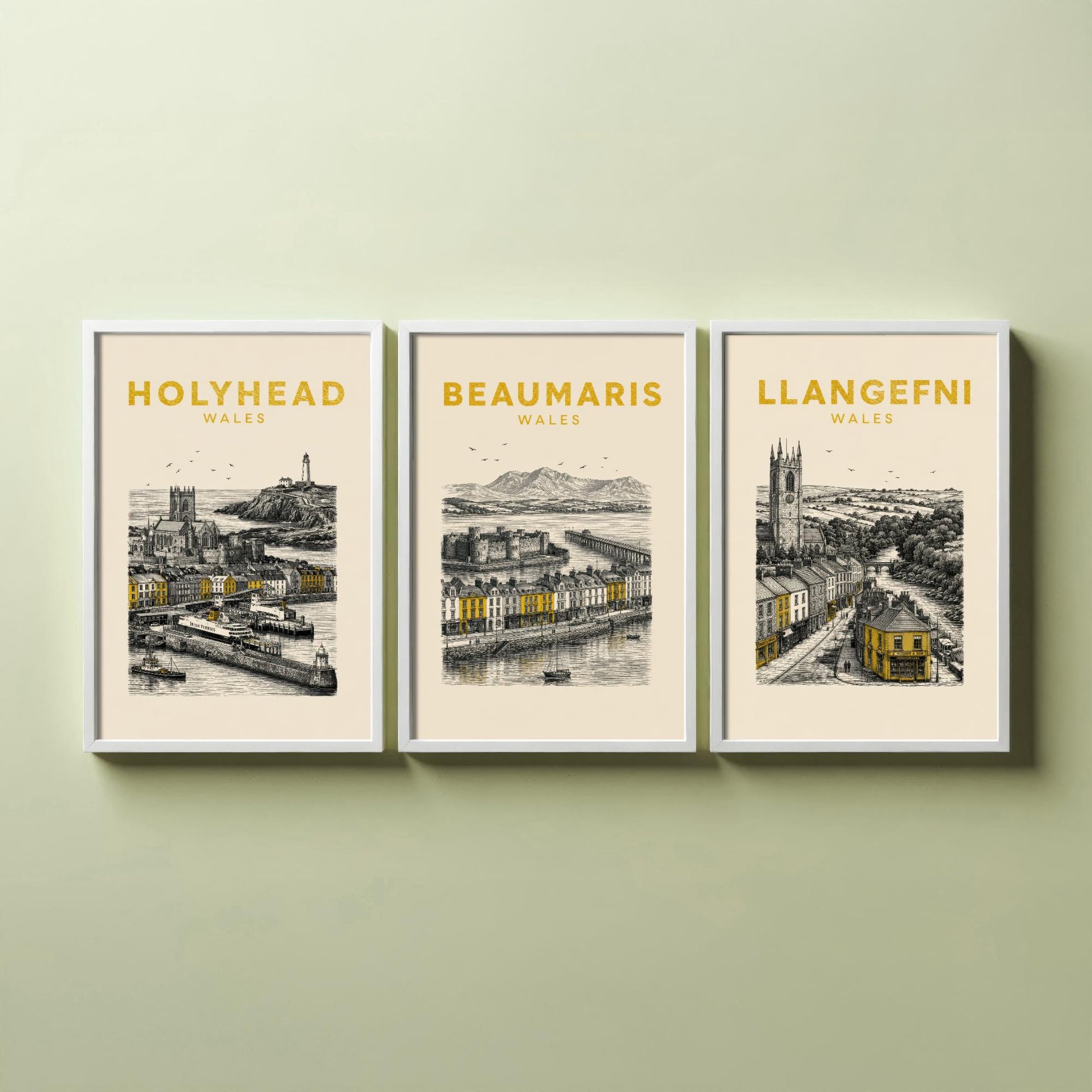 Set of Three Anglesey Travel Posters - Holyhead, Beaumaris, Llangefni - Vintage Duotone Art Prints - Wales Illustration Gift