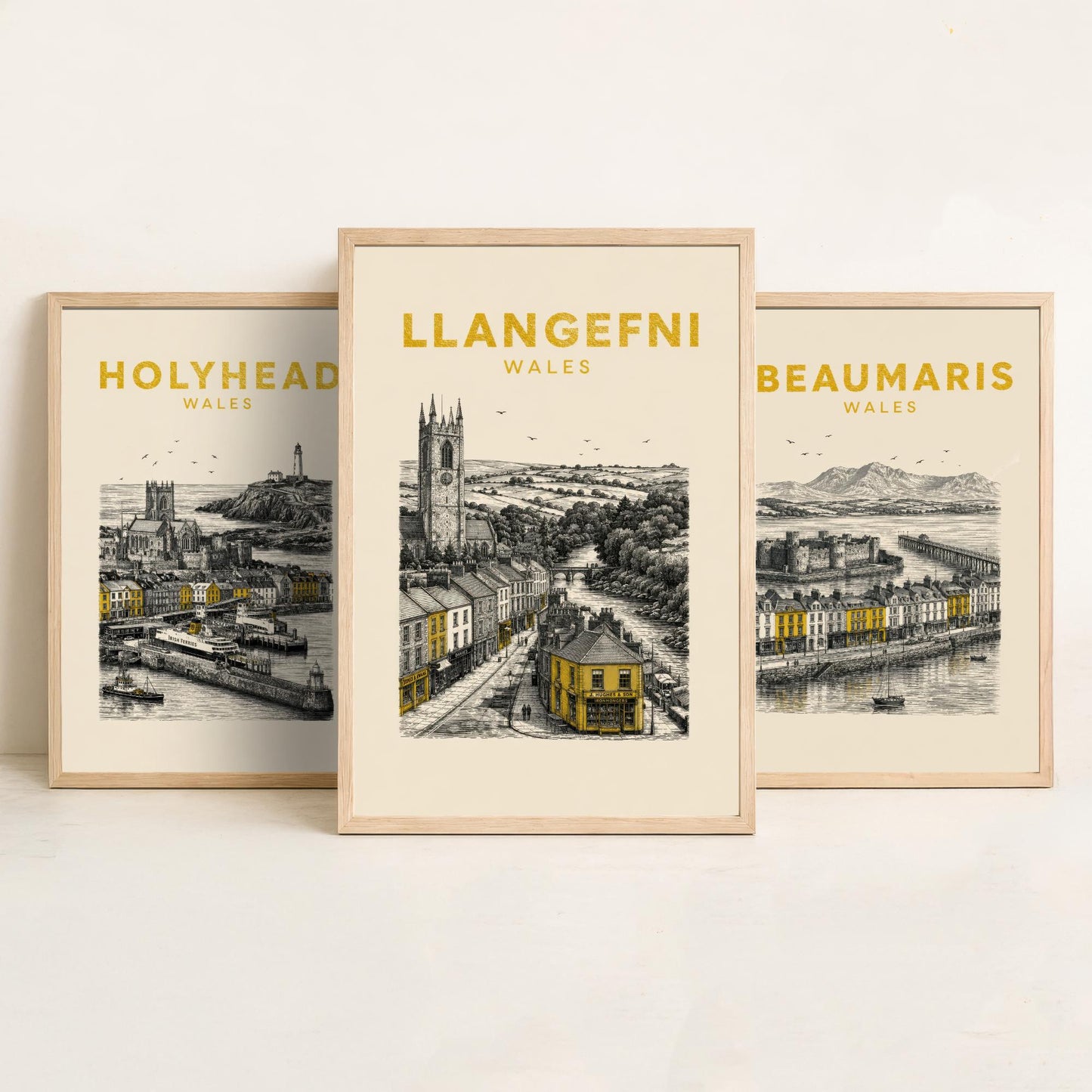 Set of Three Anglesey Travel Posters - Holyhead, Beaumaris, Llangefni - Vintage Duotone Art Prints - Wales Illustration Gift