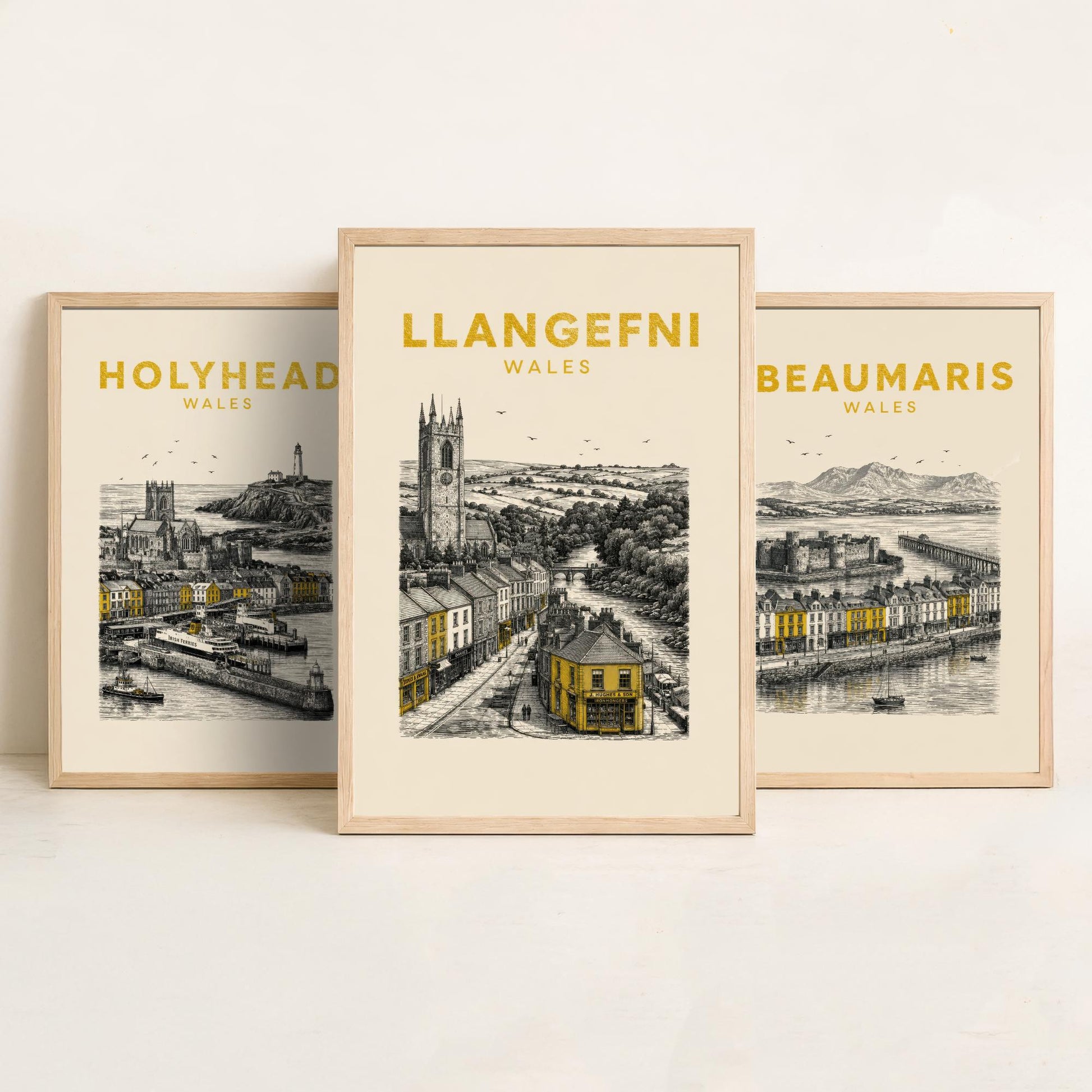 Set of Three Anglesey Travel Posters - Holyhead, Beaumaris, Llangefni - Vintage Duotone Art Prints - Wales Illustration Gift