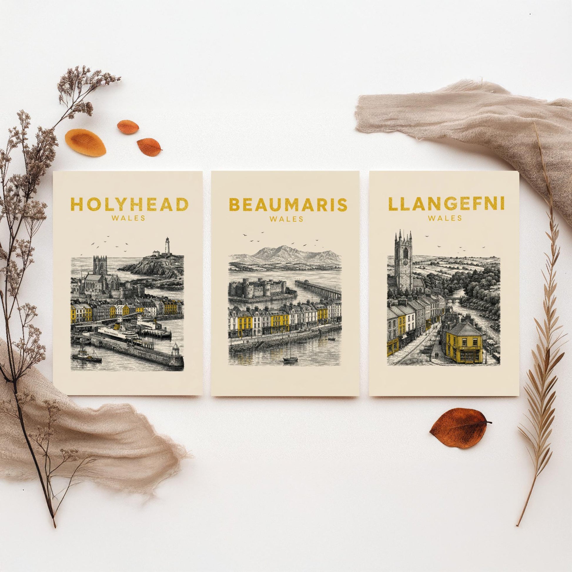 Set of Three Anglesey Travel Posters - Holyhead, Beaumaris, Llangefni - Vintage Duotone Art Prints - Wales Illustration Gift