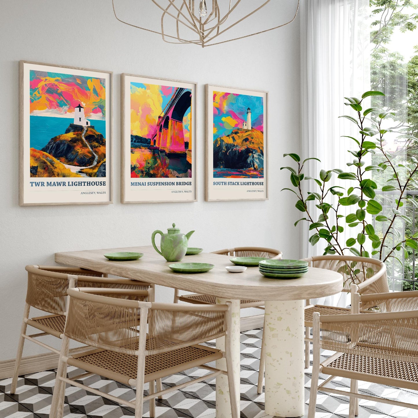 Anglesey Wales Set of Three Prints | Twr Mawr Menai Bridge South Stack | Vibrant Welsh Landmark Wall Art Posters - Painting