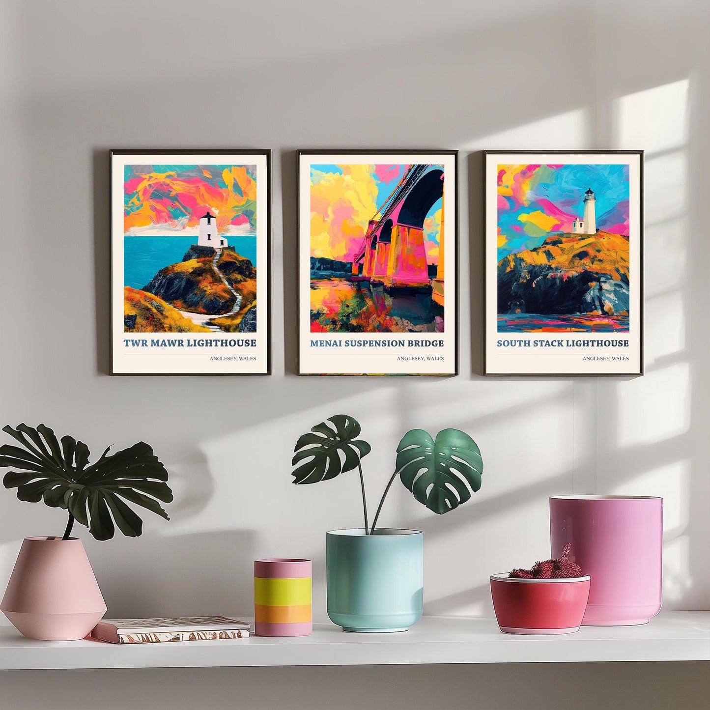 Anglesey Wales Set of Three Prints | Twr Mawr Menai Bridge South Stack | Vibrant Welsh Landmark Wall Art Posters - Painting