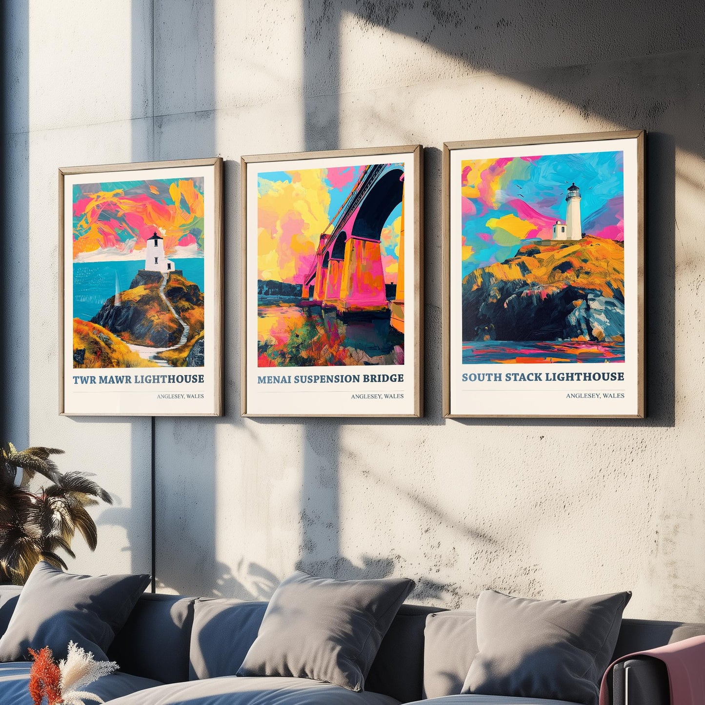 Anglesey Wales Set of Three Prints | Twr Mawr Menai Bridge South Stack | Vibrant Welsh Landmark Wall Art Posters - Painting