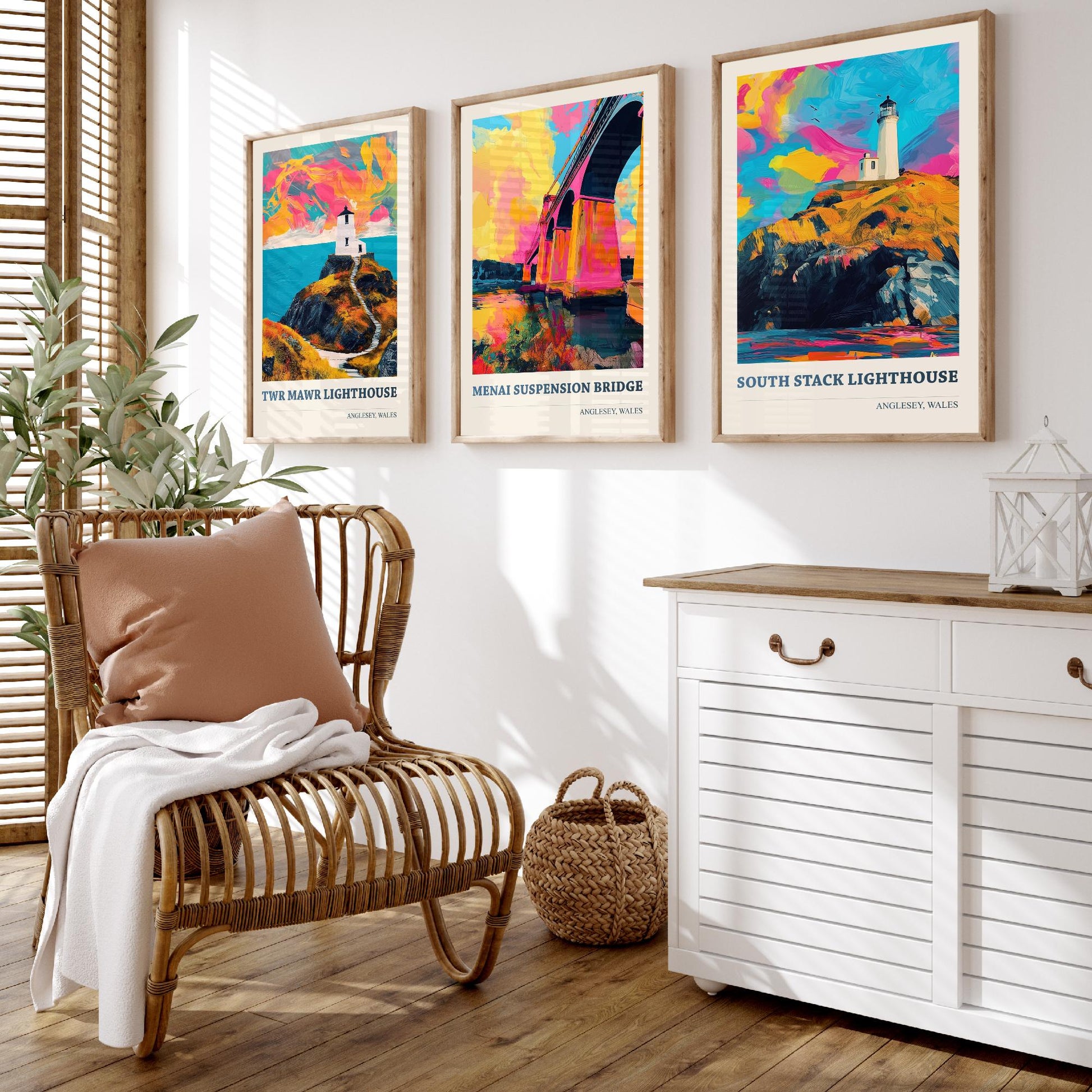 Anglesey Wales Set of Three Prints | Twr Mawr Menai Bridge South Stack | Vibrant Welsh Landmark Wall Art Posters - Painting