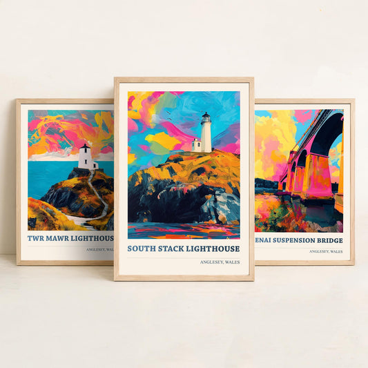 Anglesey Wales Set of Three Prints | Twr Mawr Menai Bridge South Stack | Vibrant Welsh Landmark Wall Art Posters - Painting
