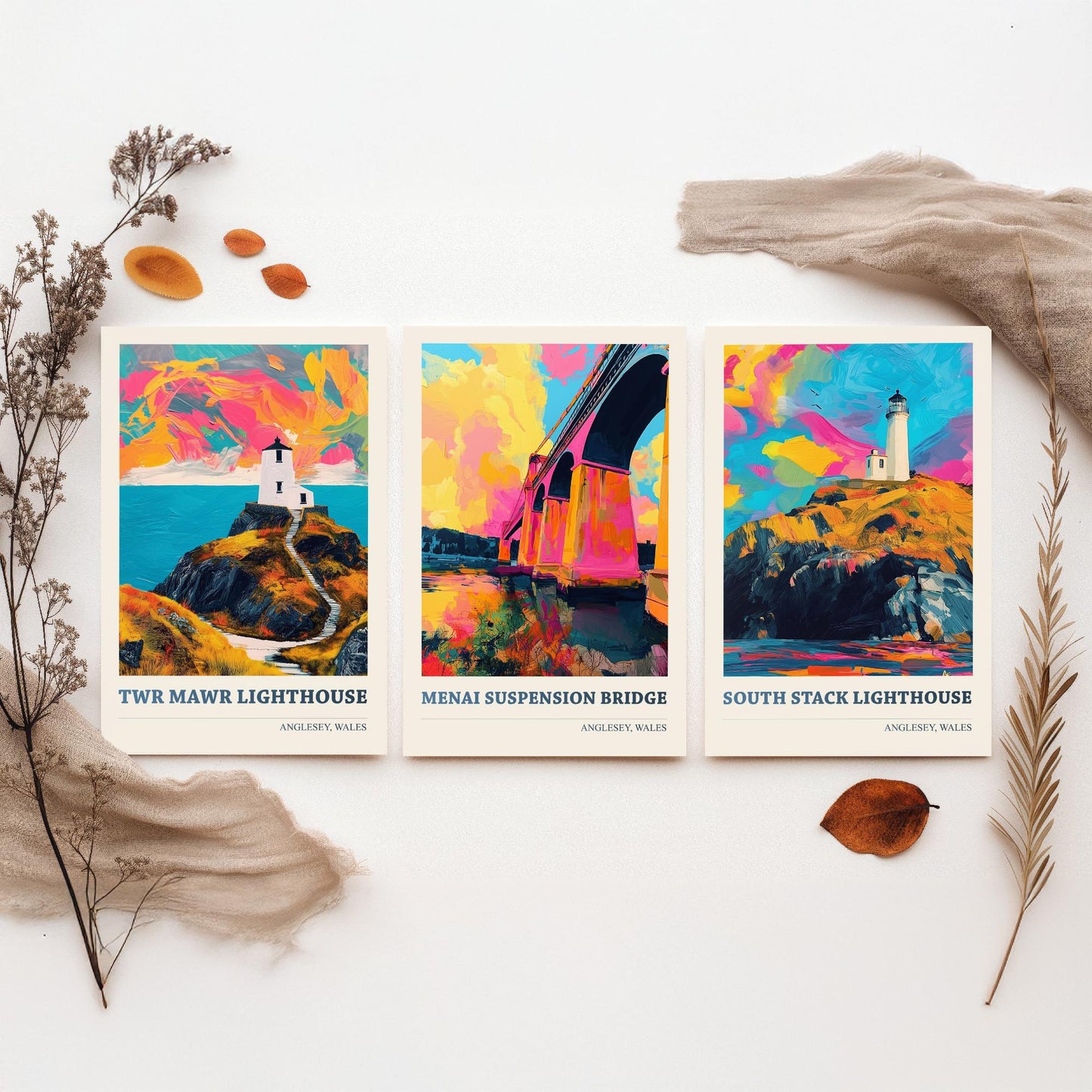 Anglesey Wales Set of Three Prints | Twr Mawr Menai Bridge South Stack | Vibrant Welsh Landmark Wall Art Posters - Painting