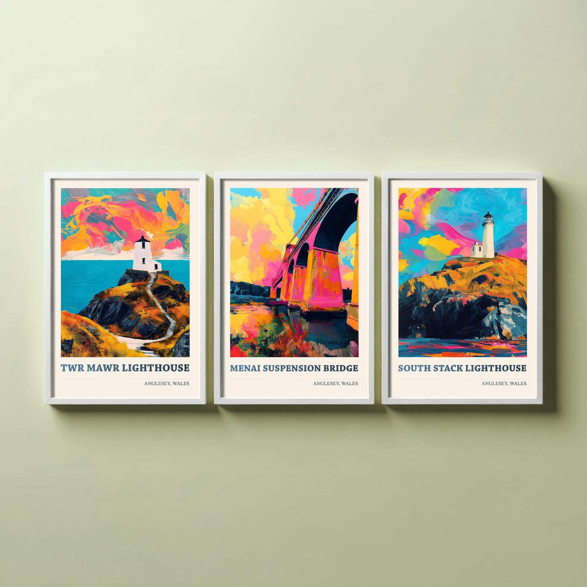 Anglesey Wales Set of Three Prints | Twr Mawr Menai Bridge South Stack | Vibrant Welsh Landmark Wall Art Posters - Painting