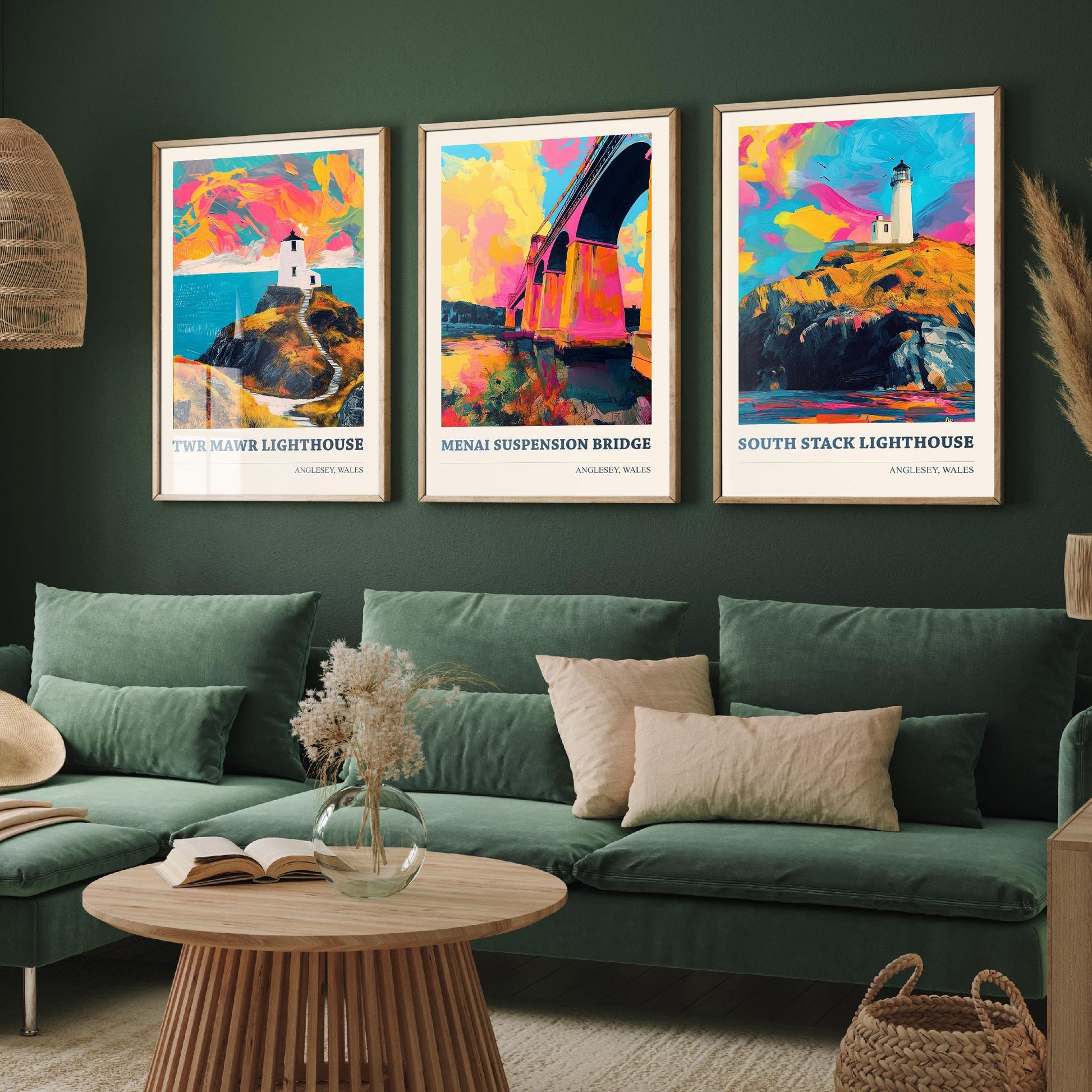 Anglesey Wales Set of Three Prints | Twr Mawr Menai Bridge South Stack | Vibrant Welsh Landmark Wall Art Posters - Painting