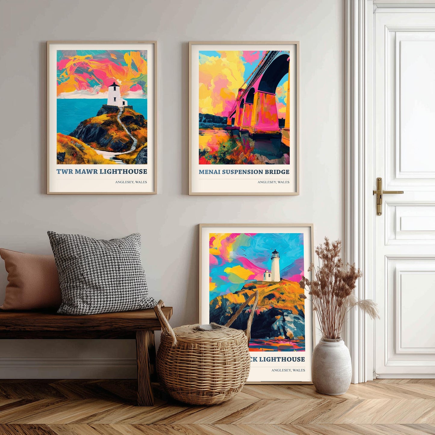 Anglesey Wales Set of Three Prints | Twr Mawr Menai Bridge South Stack | Vibrant Welsh Landmark Wall Art Posters - Painting