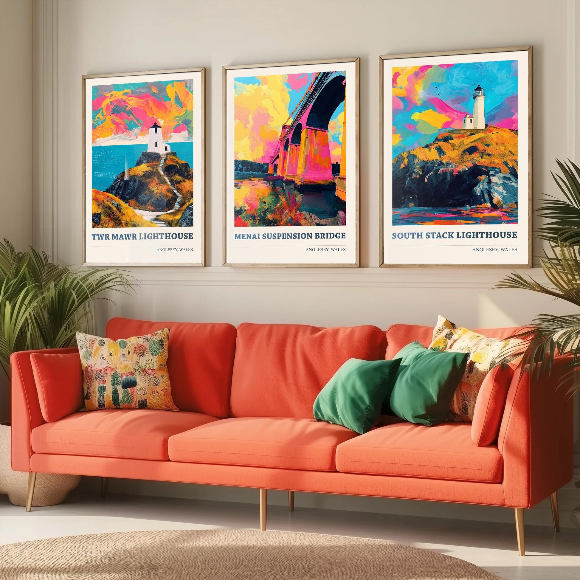 Anglesey Wales Set of Three Prints | Twr Mawr Menai Bridge South Stack | Vibrant Welsh Landmark Wall Art Posters - Painting