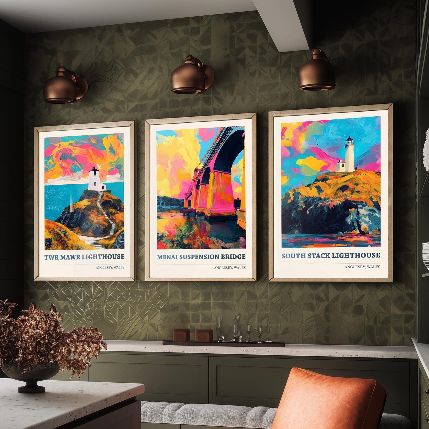 Anglesey Wales Set of Three Prints | Twr Mawr Menai Bridge South Stack | Vibrant Welsh Landmark Wall Art Posters - Painting