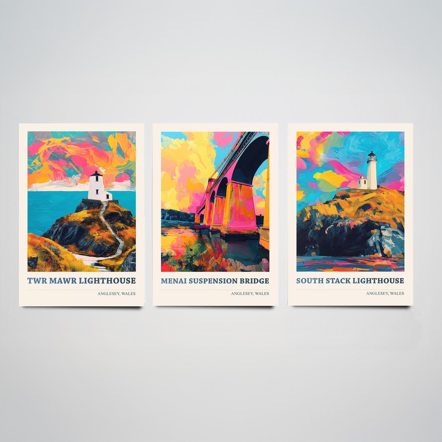 Anglesey Wales Set of Three Prints | Twr Mawr Menai Bridge South Stack | Vibrant Welsh Landmark Wall Art Posters - Painting