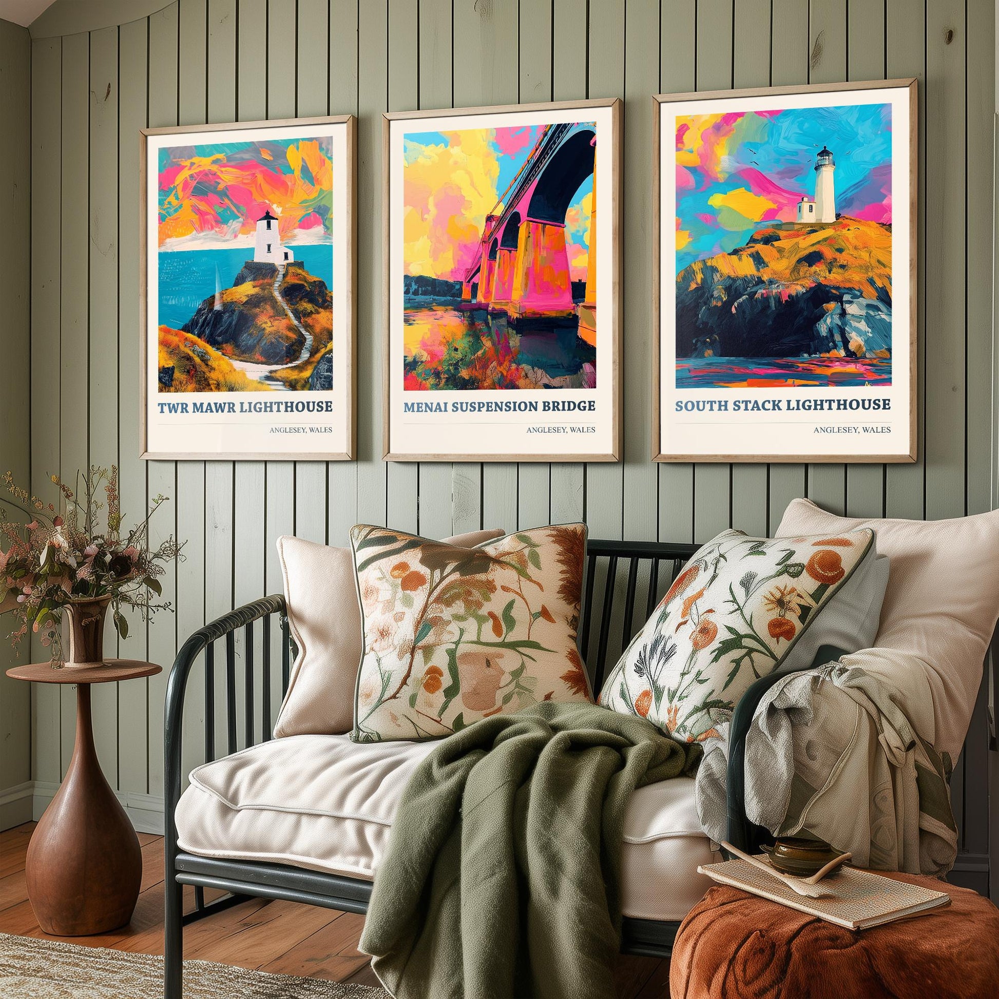 Anglesey Wales Set of Three Prints | Twr Mawr Menai Bridge South Stack | Vibrant Welsh Landmark Wall Art Posters - Painting