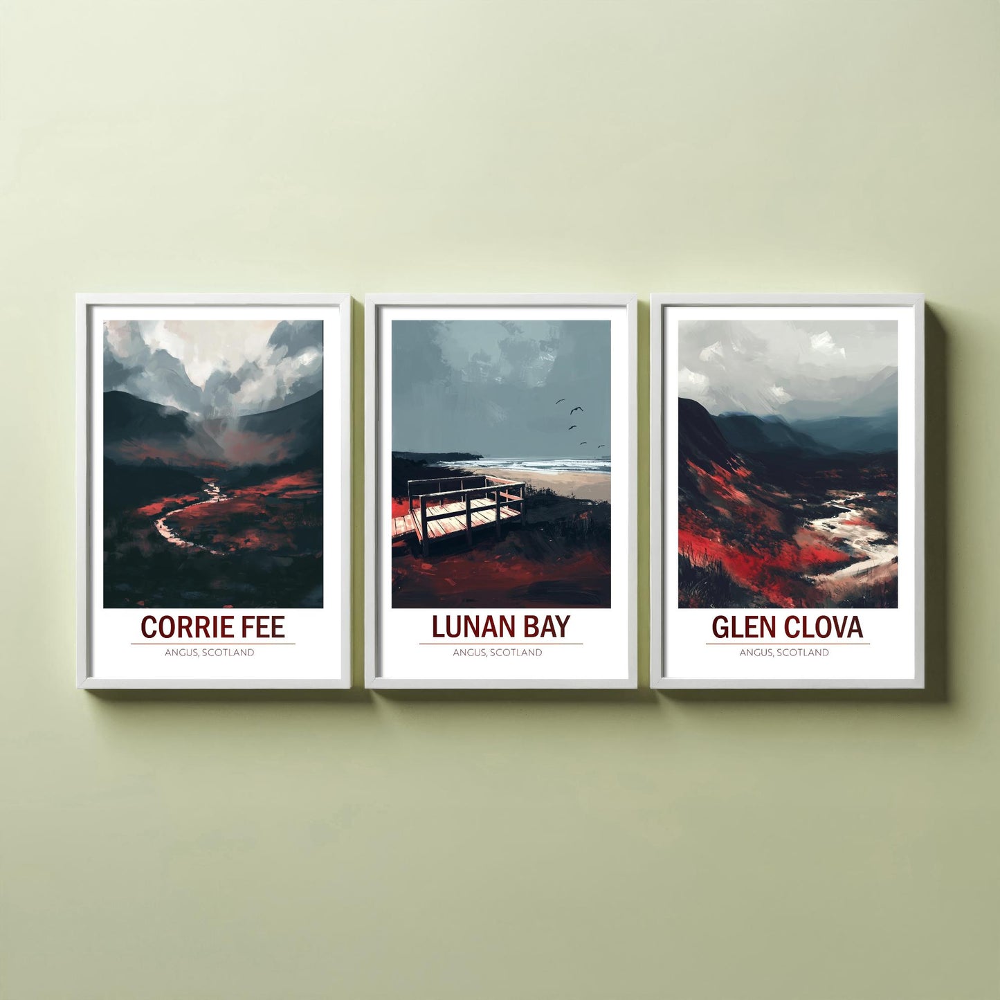 Angus Scotland Set of Three Prints | Corrie Fee Lunan Bay Glen Clova | Moody Dark Scottish Landscape Wall Art Posters - Painting
