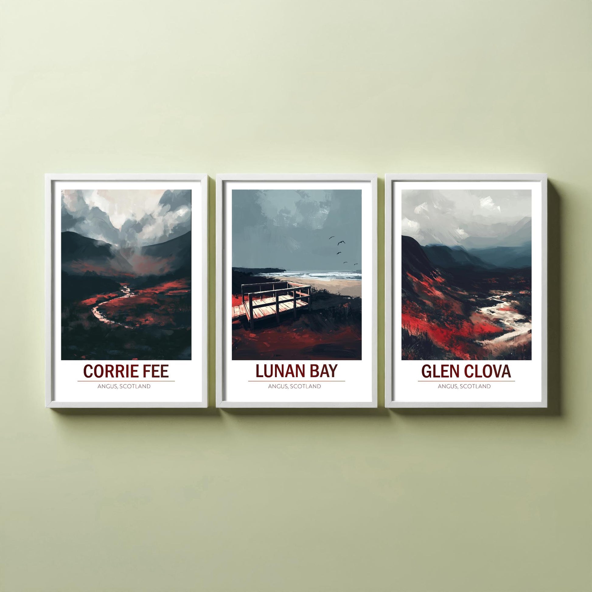 Angus Scotland Set of Three Prints | Corrie Fee Lunan Bay Glen Clova | Moody Dark Scottish Landscape Wall Art Posters - Painting