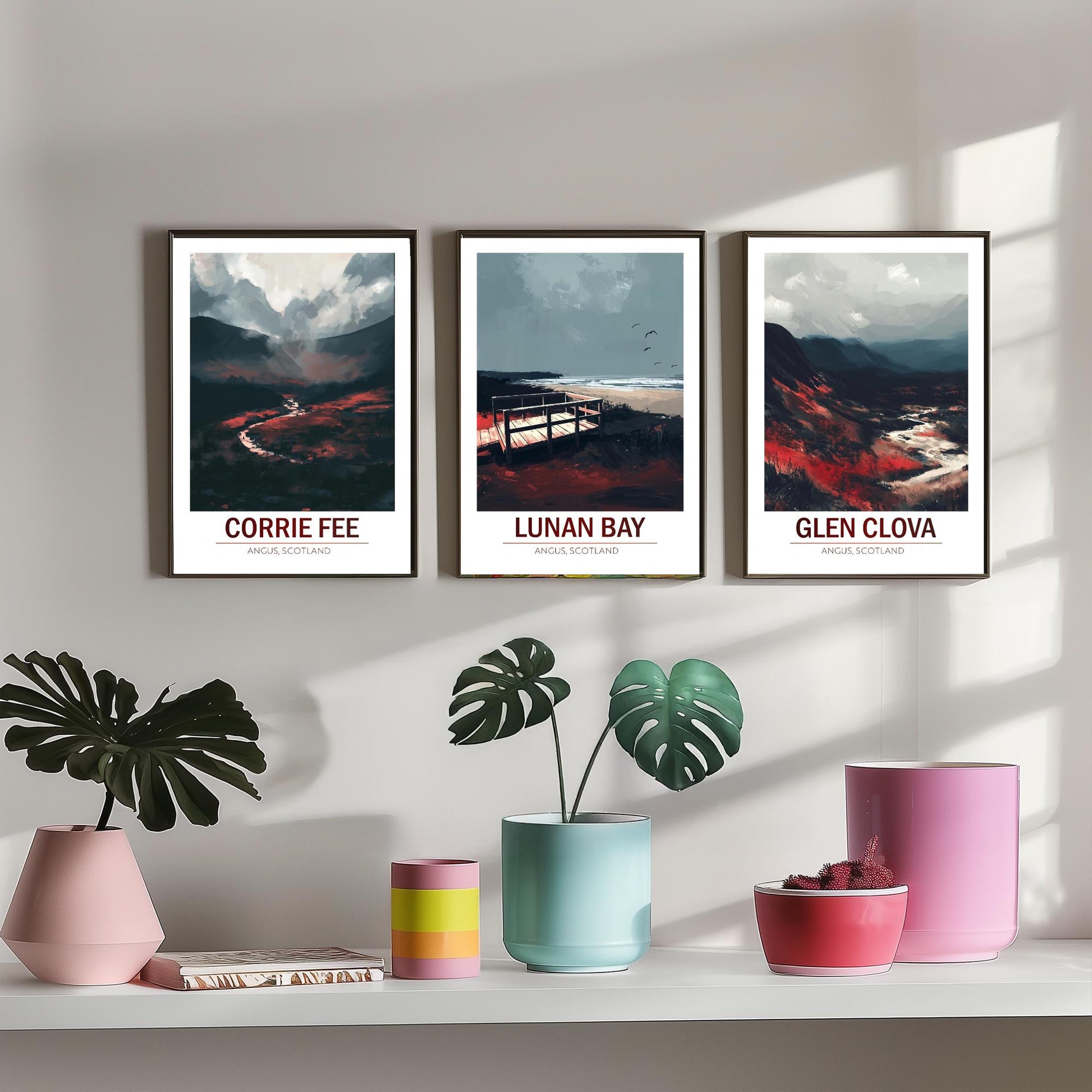 Angus Scotland Set of Three Prints | Corrie Fee Lunan Bay Glen Clova | Moody Dark Scottish Landscape Wall Art Posters - Painting
