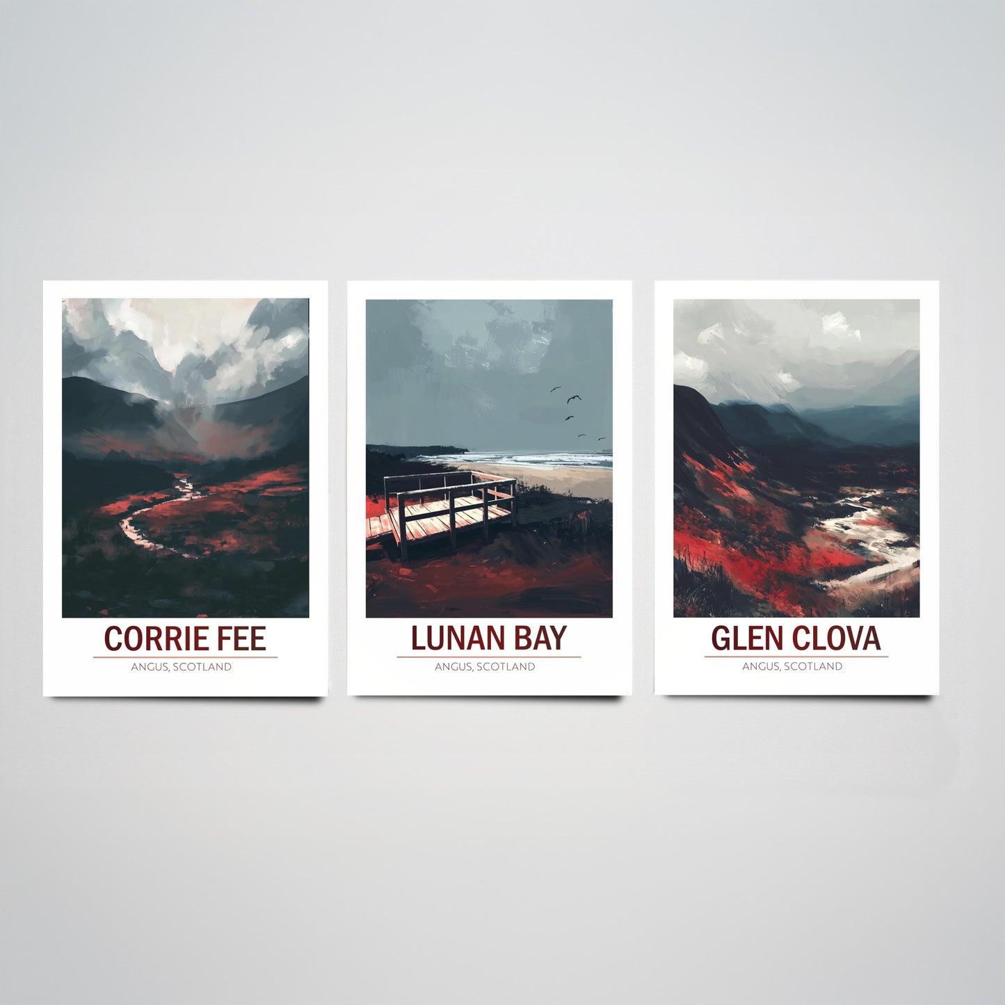 Angus Scotland Set of Three Prints | Corrie Fee Lunan Bay Glen Clova | Moody Dark Scottish Landscape Wall Art Posters - Painting
