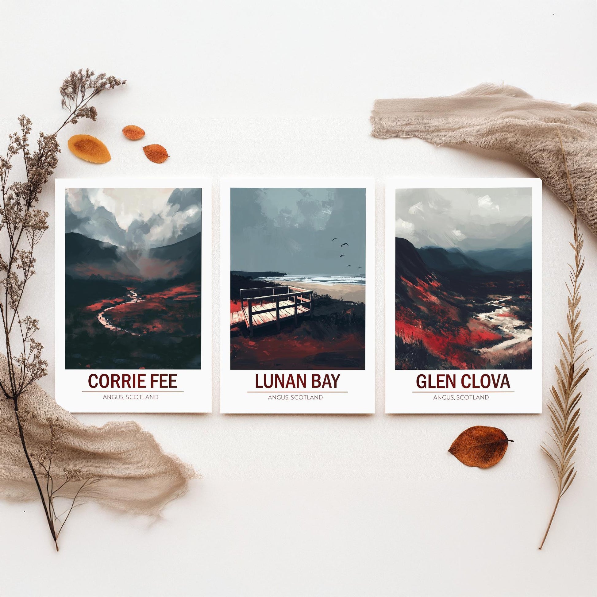 Angus Scotland Set of Three Prints | Corrie Fee Lunan Bay Glen Clova | Moody Dark Scottish Landscape Wall Art Posters - Painting