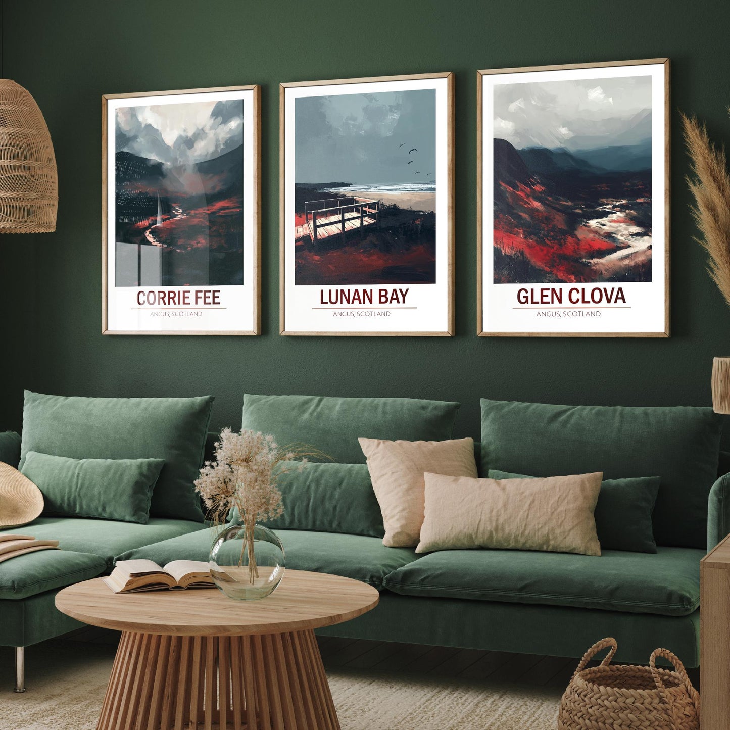 Angus Scotland Set of Three Prints | Corrie Fee Lunan Bay Glen Clova | Moody Dark Scottish Landscape Wall Art Posters - Painting