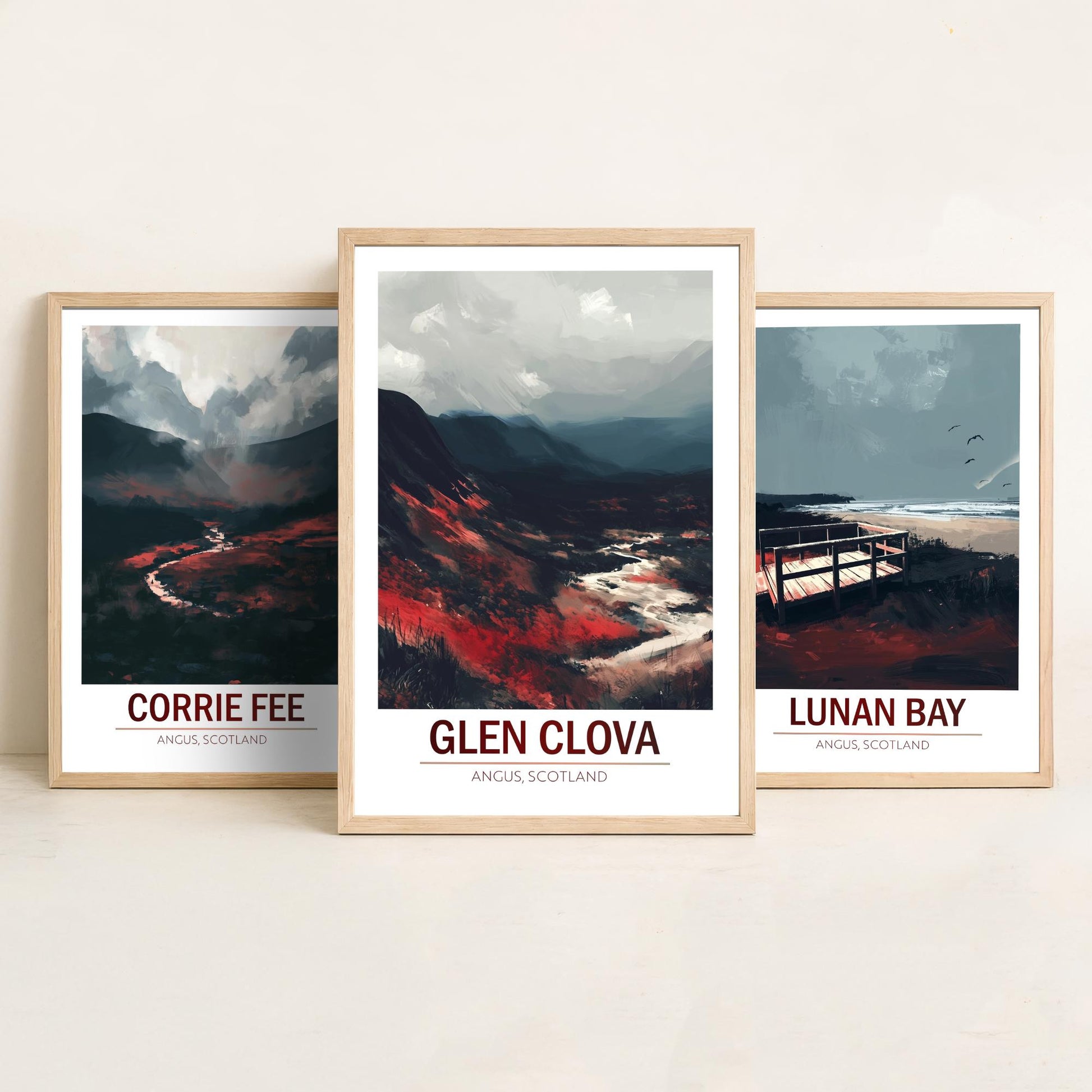 Angus Scotland Set of Three Prints | Corrie Fee Lunan Bay Glen Clova | Moody Dark Scottish Landscape Wall Art Posters - Painting