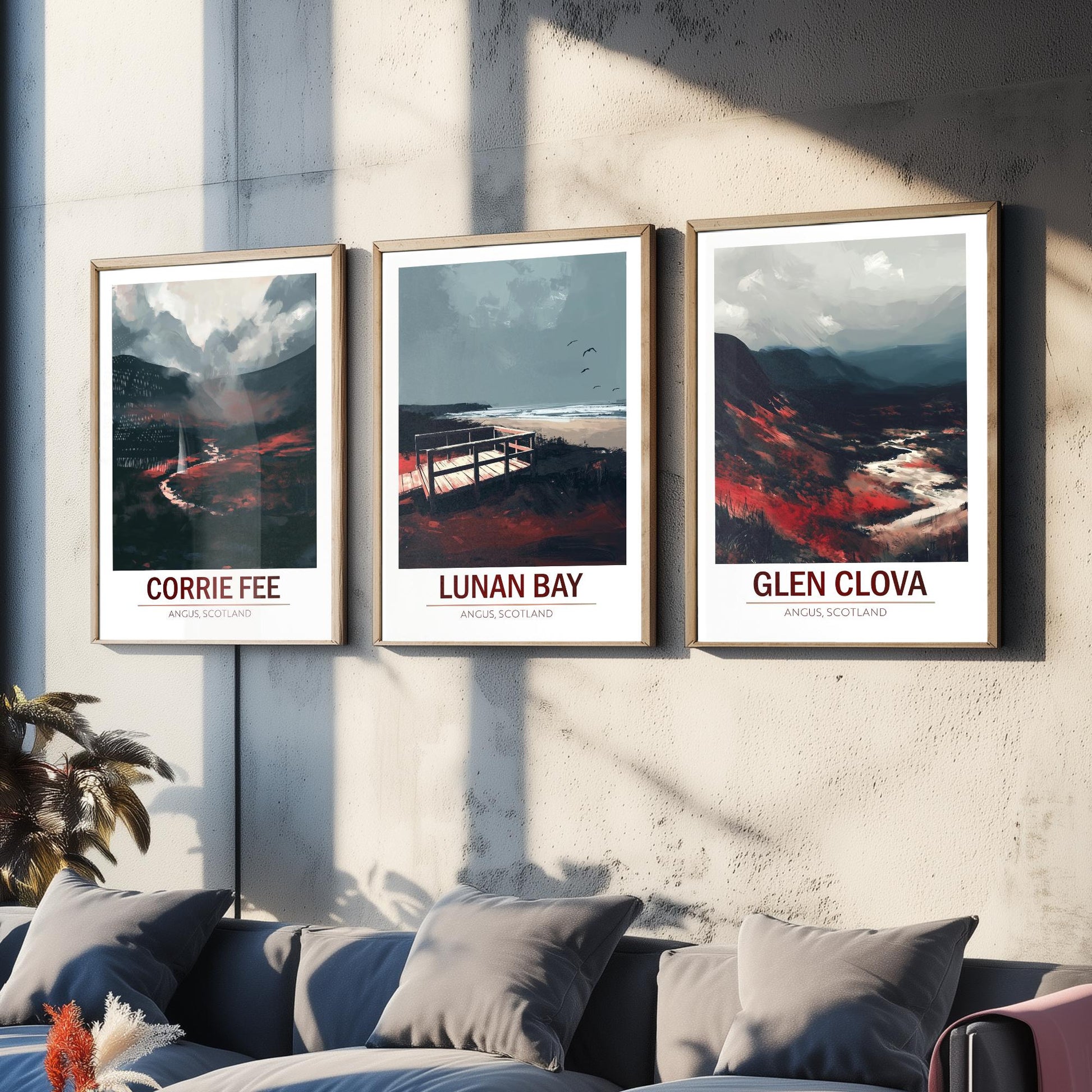 Angus Scotland Set of Three Prints | Corrie Fee Lunan Bay Glen Clova | Moody Dark Scottish Landscape Wall Art Posters - Painting