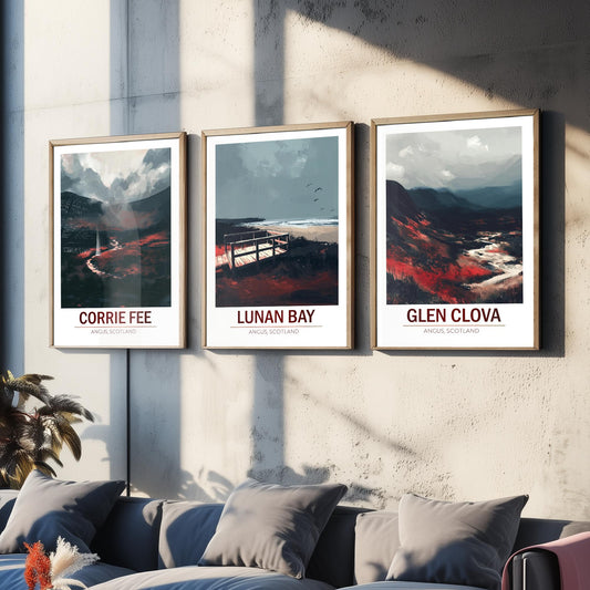 Angus Scotland Set of Three Prints | Corrie Fee Lunan Bay Glen Clova | Moody Dark Scottish Landscape Wall Art Posters - Painting