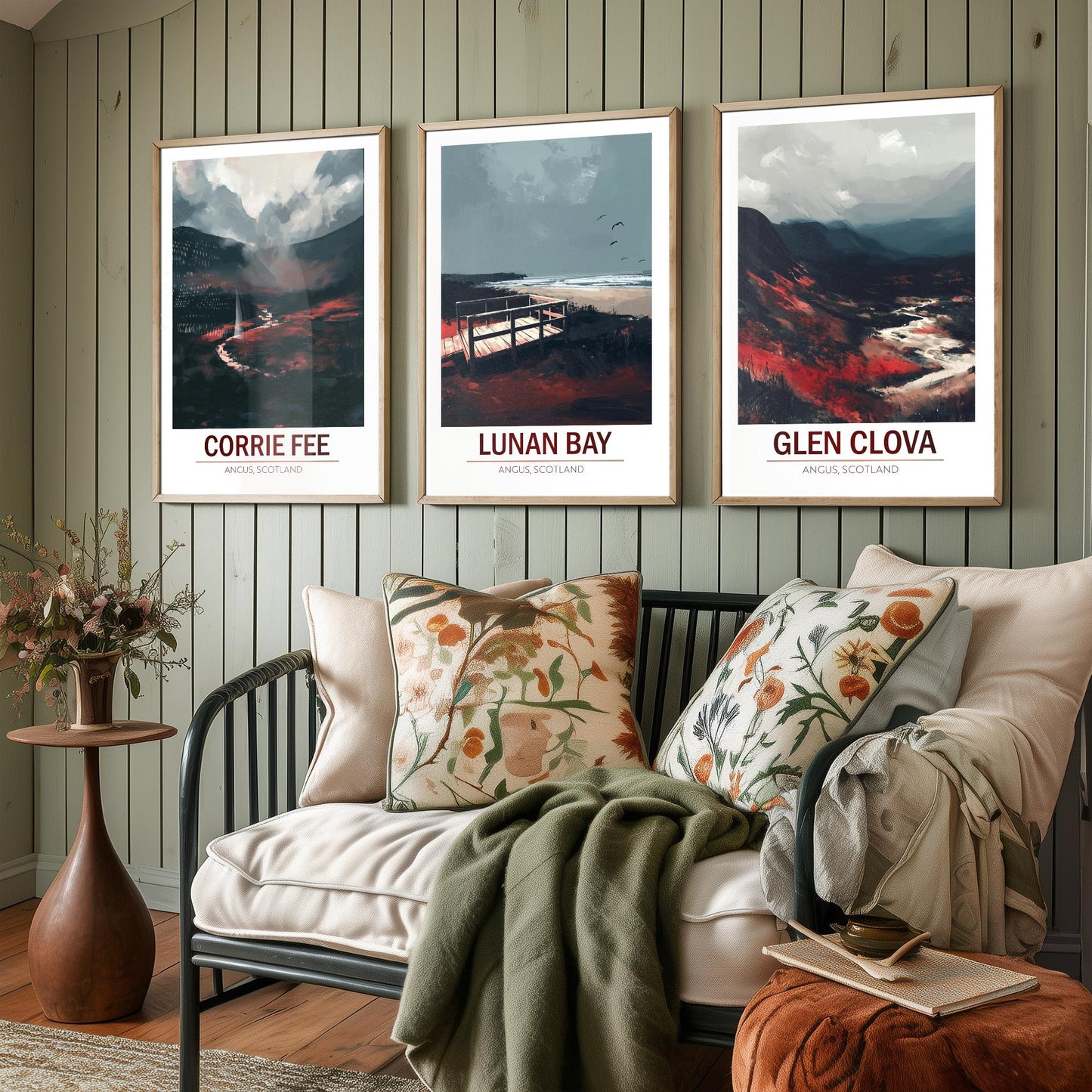 Angus Scotland Set of Three Prints | Corrie Fee Lunan Bay Glen Clova | Moody Dark Scottish Landscape Wall Art Posters - Painting