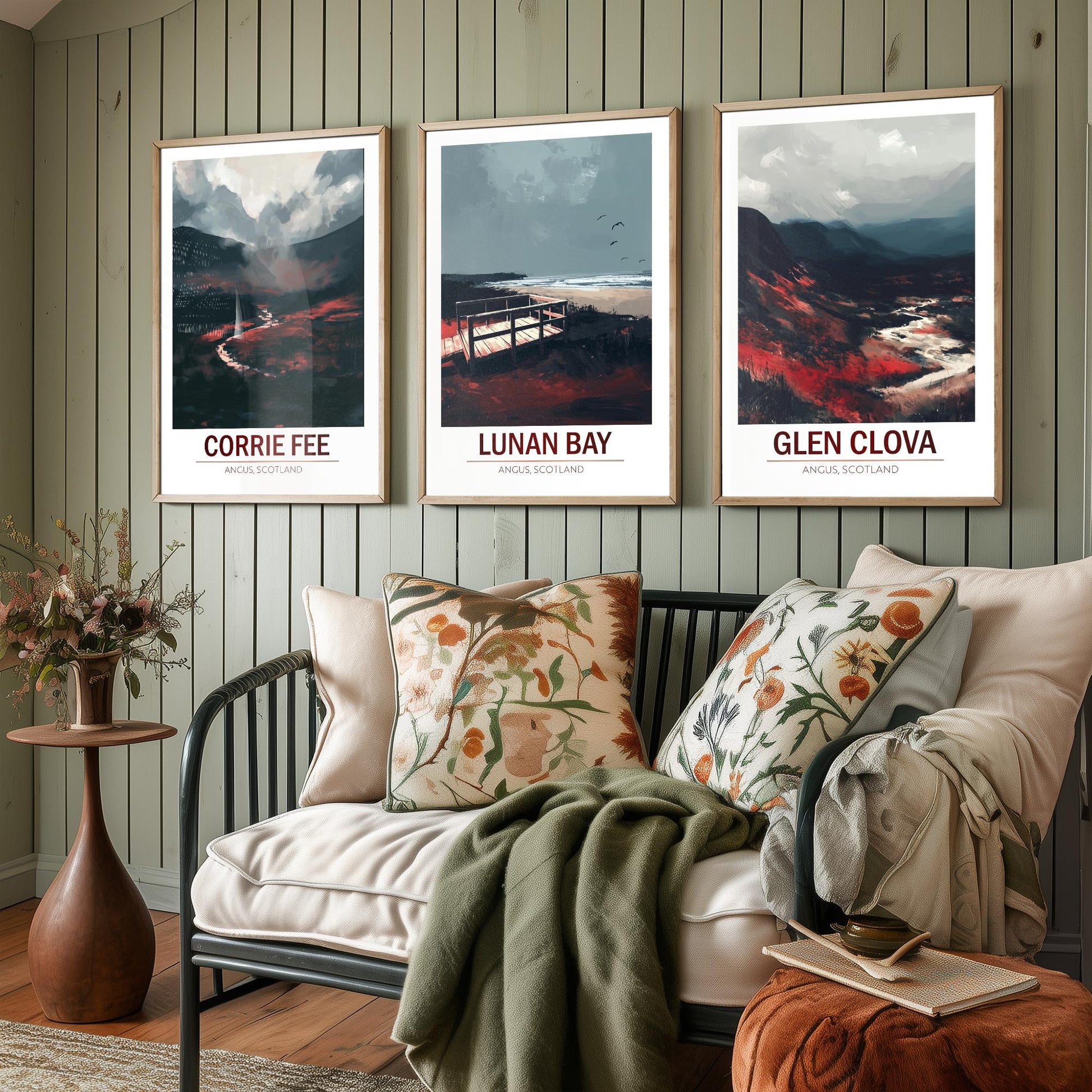 Angus Scotland Set of Three Prints | Corrie Fee Lunan Bay Glen Clova | Moody Dark Scottish Landscape Wall Art Posters - Painting