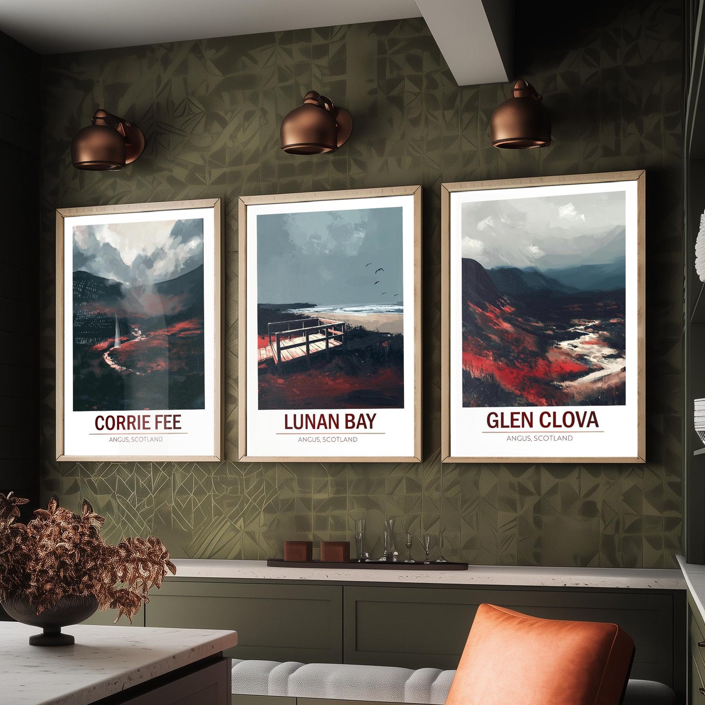 Angus Scotland Set of Three Prints | Corrie Fee Lunan Bay Glen Clova | Moody Dark Scottish Landscape Wall Art Posters - Painting