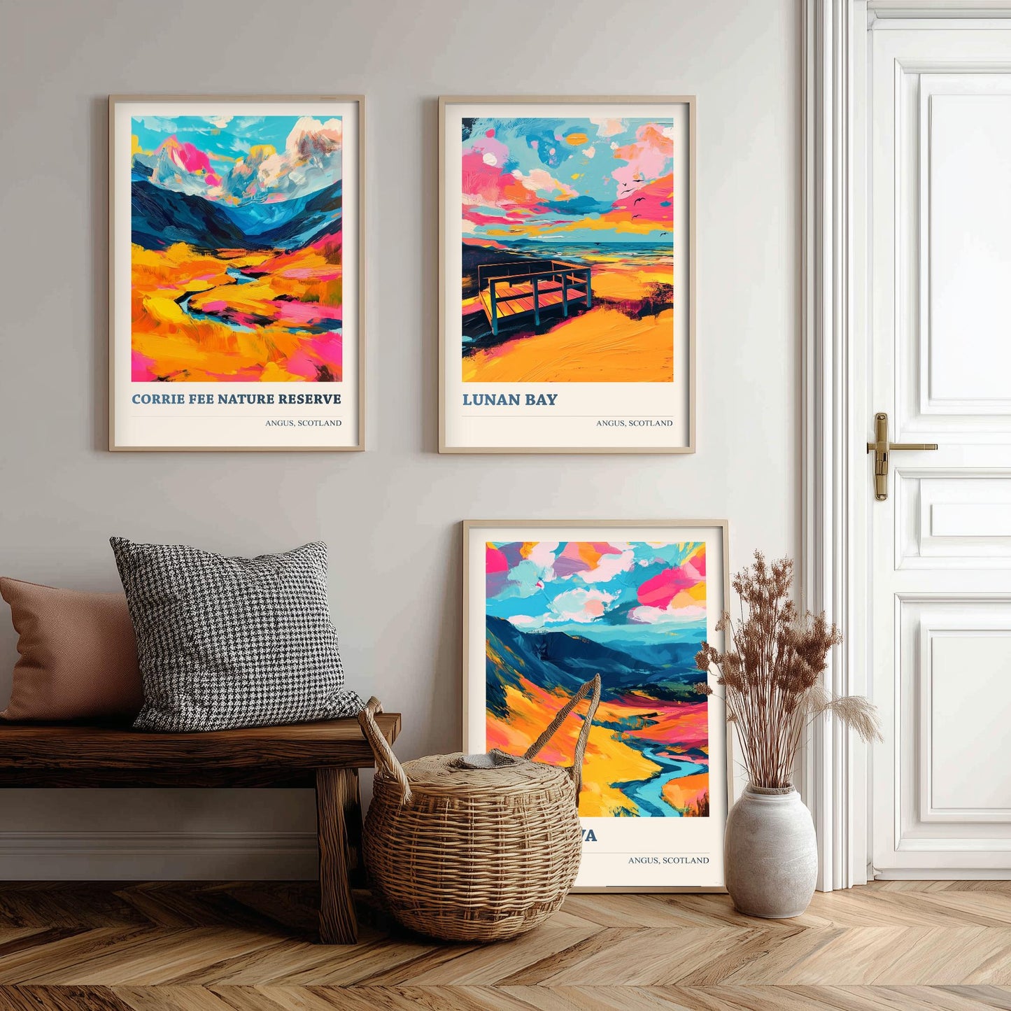 Angus Scotland Set of Three Prints | Corrie Fee Nature Reserve Lunan Bay Glen Clova | Colourful Scottish Wall Art Posters Painting