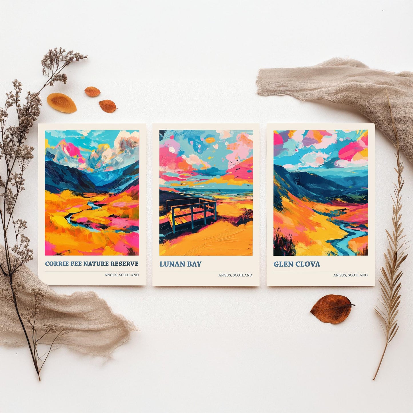 Angus Scotland Set of Three Prints | Corrie Fee Nature Reserve Lunan Bay Glen Clova | Colourful Scottish Wall Art Posters Painting