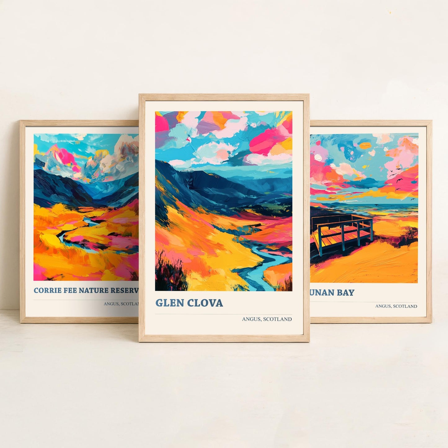 Angus Scotland Set of Three Prints | Corrie Fee Nature Reserve Lunan Bay Glen Clova | Colourful Scottish Wall Art Posters Painting