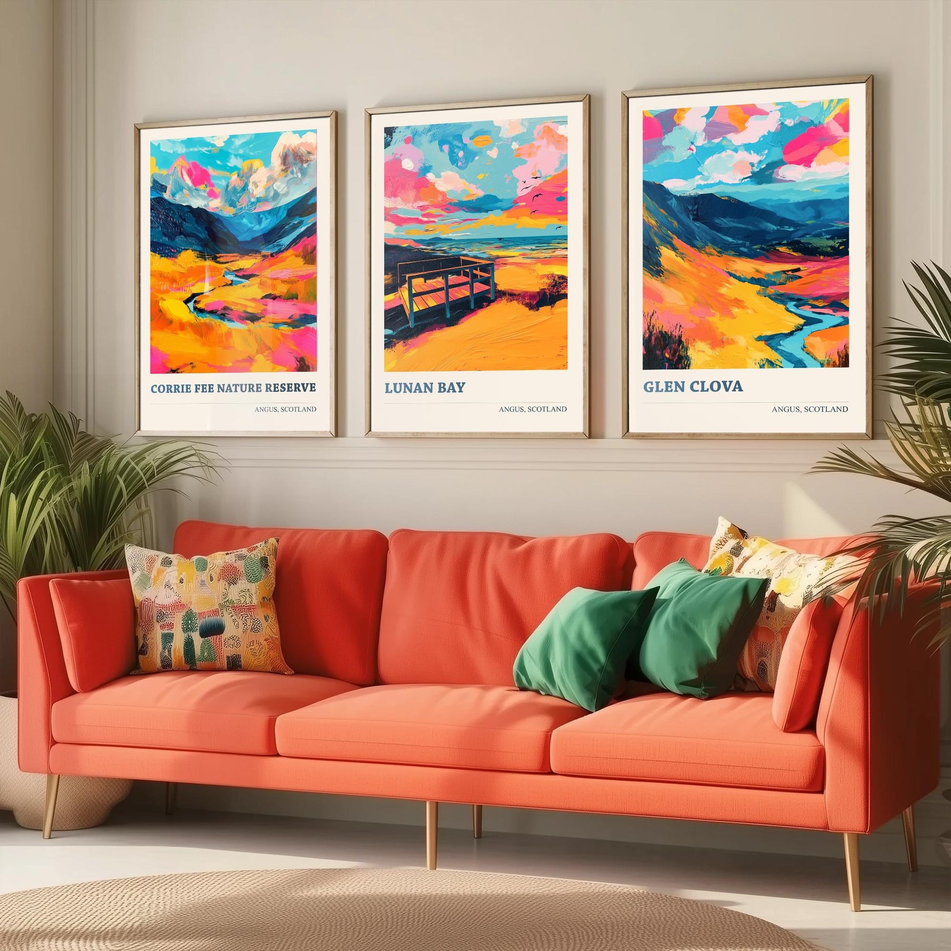 Angus Scotland Set of Three Prints | Corrie Fee Nature Reserve Lunan Bay Glen Clova | Colourful Scottish Wall Art Posters Painting